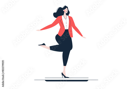Businesswoman balancing on smartphone screen standing on one leg multitasking concept flat vector illustration with red blazer and black pants
