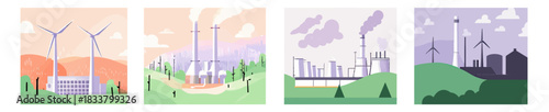 Electric renewable energy station with wind turbines and industrial factory with smokestacks emitting pollution in minimalist flat vector style