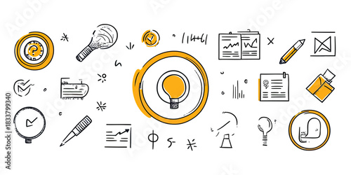Hand drawn doodle business icons set with light bulbs, charts, clock, pen, document, and USB flash drive in minimalist style for office and career concepts