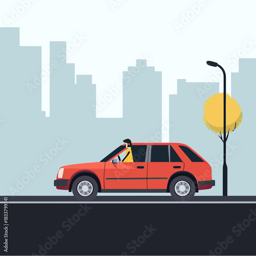 Side view of person driving red hatchback car on city street with urban skyline and street lamp with yellow tree in flat minimalist vector style