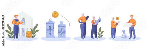 Flat minimalist illustration of diverse people investing and saving money for retirement pension fund, financial planning for future savings and health investment concept