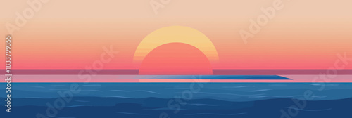 minimalistic flat vector sunset ocean horizon illustration with calm water waves and vibrant warm sky gradient background landscape scene