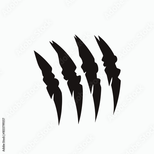 Black silhouette of four vertical claw scratches or claw marks isolated on transparent background with sharp uneven edges and pointed tips vector illustration