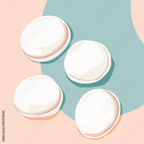 Minimalist flat vector illustration of four white cotton pads on pastel blue and peach background for skincare and beauty routine concept