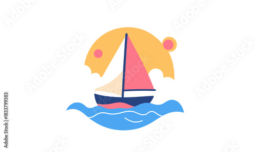 Colorful flat minimalist sailboat with bright pink and white sails floating on calm blue sea waves with stylized yellow sun and clouds background vector illustration