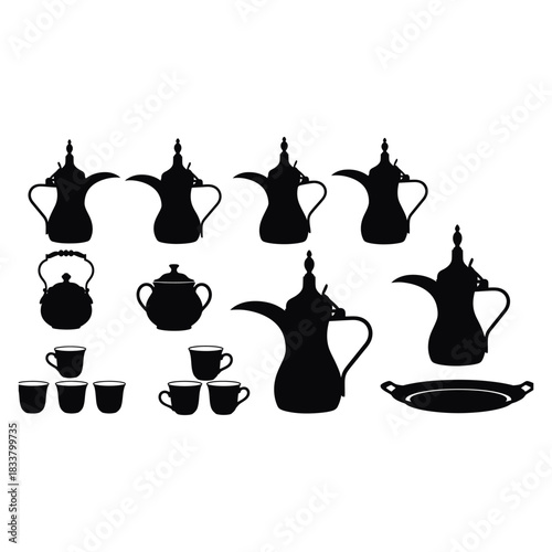 Collection of traditional arabic coffee pots and cups silhouettes on white background