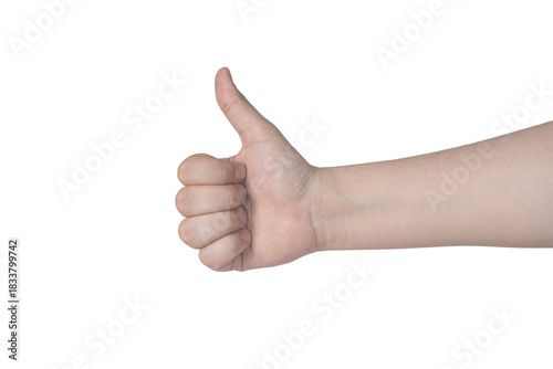 Women hand with thumb up sign isolated on white background. Thumb up positive, like gesture, all right.