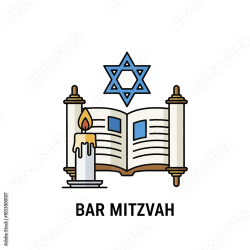 Bar Mitzvah Illustration with Torah Scroll, Star of David, and Candle.