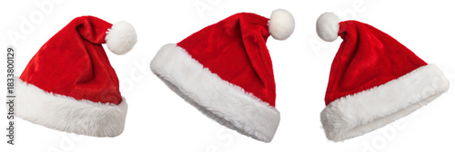 santa claus hat, Classic red santa hat with white fur trim and snowflake accents isolated on transparent background, Red santa hat with white fur trim and pompom, isolated on transparent background
