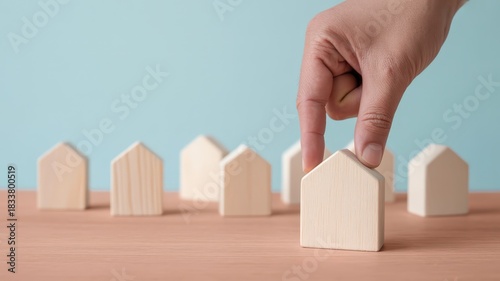 Human hand carefully selects one small wooden house block from a line of similar objects