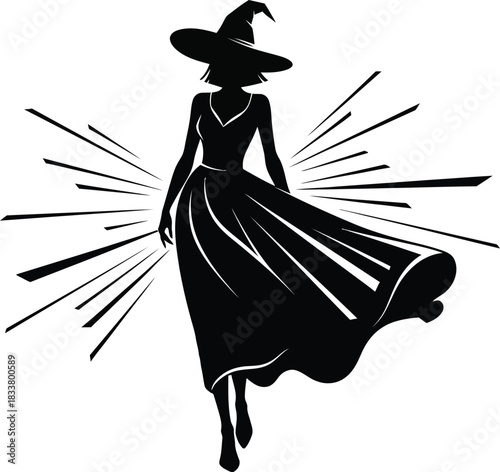 Silhouette of a mysterious witch in a flowing gown and pointed hat with artistic splatter effect expressing magic and enchantment isolated on white background