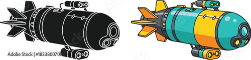 Cartoon illustration of steampunk inspired airships and bomb designs in two color schemes