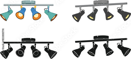 Illustrative set of track lighting fixtures in various styles and colors