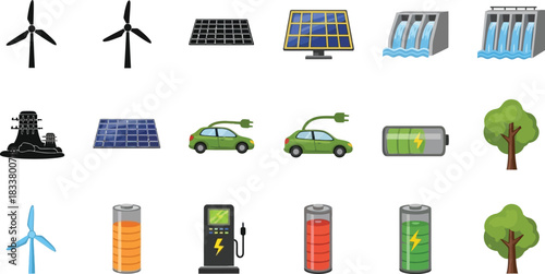 A collection of icons representing various renewable energy sources and technologies