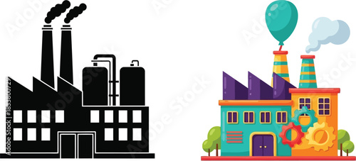 Industrial building comparison a stark black factory versus a colorful whimsical design