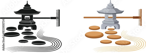 Zen garden elements stone lanterns raked sand and carefully placed rocks