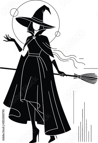 Vintage hand-drawn silhouette of a witch holding a broomstick with a large pointed hat and flowing dress for halloween celebrations isolated on white background