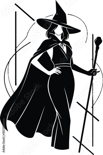 Mysterious witch with broom and staff against abstract geometric lines and swirls symbolizing magic and enchantment isolated on white background