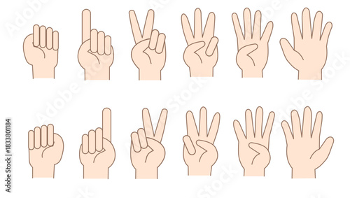 Set of human hand poses and gestures.Finger.Counting numbers.The palms and fingers.Cartoon Palms and Wrists.Countdown gestures, language number.Sign, symbol, icon and logo.Vector illustration.