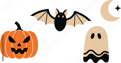 Halloween icons and elements spooky pumpkin bat ghost and crescent moon for festive decorations and designs isolated on white background