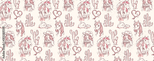 Seamless western pattern with cowgirl in vintage rodeo style, featuring cactus, lasso and wild desert details. This hand-drawn cowgirl pattern suits fabric, print or wallpaper design.