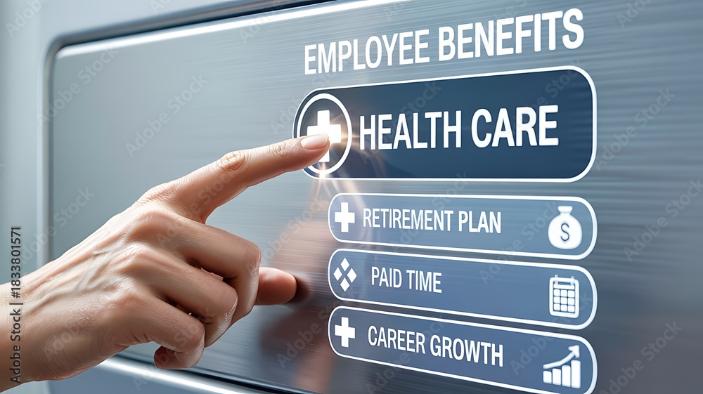 Obraz premium Close up of a person s finger touching the health care option on a digital screen displaying employee benefits choices