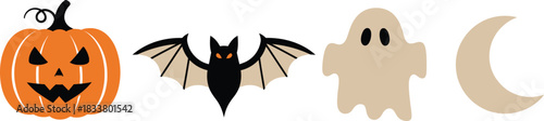 Whimsical halloween icons featuring a jack o lantern bat ghost and crescent moon in a festive arrangement isolated on white background