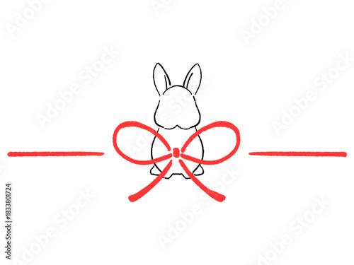 赤い蝶結びとうさぎ　シンプルでかわいい　線画　イラスト