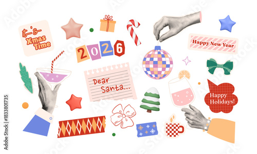 New Year collage stickers. Halftone hands with drinks, disco ball, washi tapes, torn paper. Cute Christmas elements set. Vector illustration. Vintage graphics, 3d tree and star, 2026 numbers.