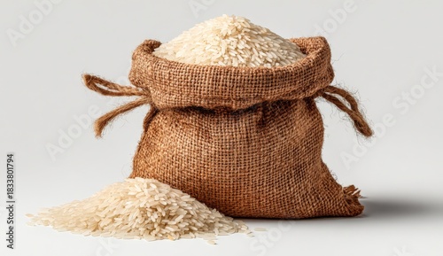 Burlap sack filled with uncooked white rice, with grains spilling out onto a smooth surface, showcasing the natural texture and simplicity of this staple food item