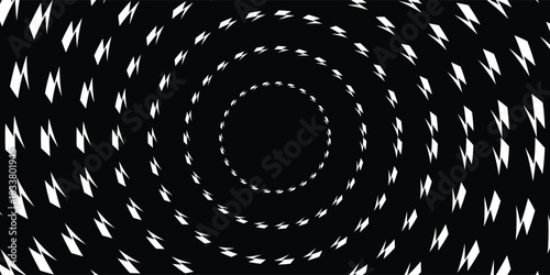 Vector White Thunder and Bolt Lighting Flash Icons in Radial Composition Diverging in Inward Direction on Black Background Abstract Conceptual Illustration