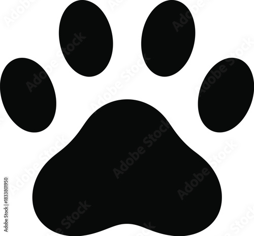 Simple black silhouette of a paw print displayed on a white background
