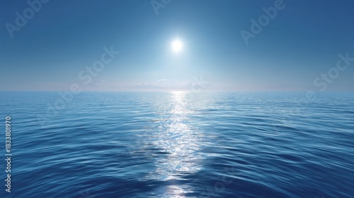 A calm and peaceful ocean with a bright sun shining on the water. The blue water stretches out as far as the eye can see, and the sun's reflection creates a serene and tranquil atmosphere