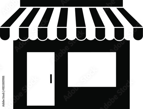 Simple black and white illustration of a storefront with awning