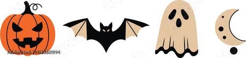 Halloween holiday icons set featuring jack o lantern bat ghost and crescent moon for festive celebration isolated on white background