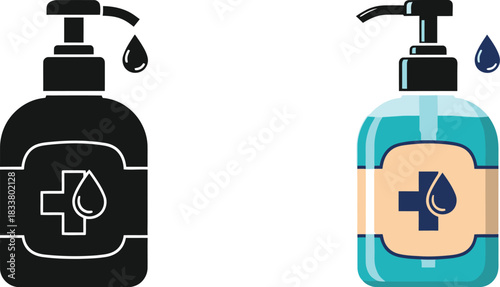 Two hand sanitizer bottle illustrations one filled one outline with a droplet