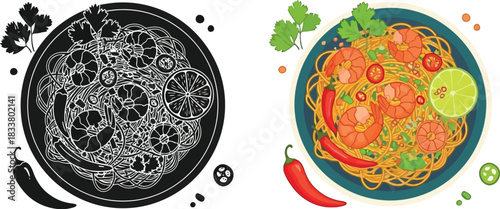 Detailed illustration of shrimp noodle bowls color and monochrome versions presented
