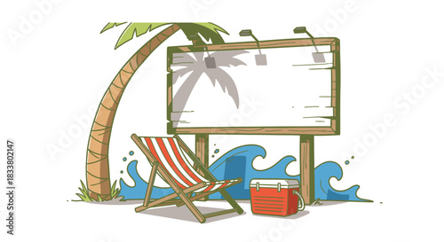 An illustration captures a tropical beach scene with a blank billboard, a striped deck chair, a red cooler, and a palm tree, ideal for summer vacation advertising.