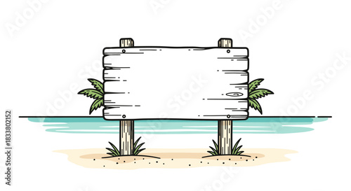 A charming hand-drawn illustration depicting a blank wooden signpost firmly planted on a serene sandy beach, perfect for custom messages or tropical vacation announcements.