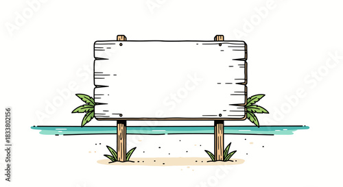 A minimalist hand-drawn illustration presents a blank wooden signpost on a sandy tropical beach, ideal for custom text, with a tranquil ocean view.
