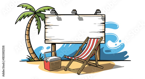 A cheerful cartoon illustration portrays a sunny tropical beach scene with a blank wooden billboard, ideal for advertising summer vacations, holidays, and relaxing escapes.