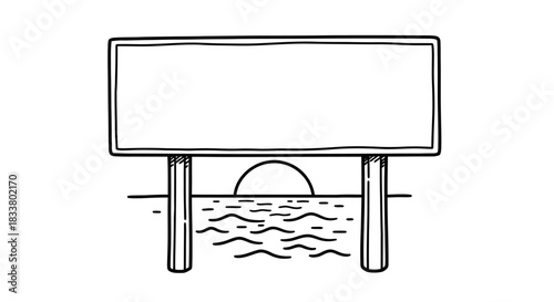 A minimalist hand-drawn line art illustration features a blank rectangular sign, perfectly situated above a calm ocean horizon with a stylized sun.