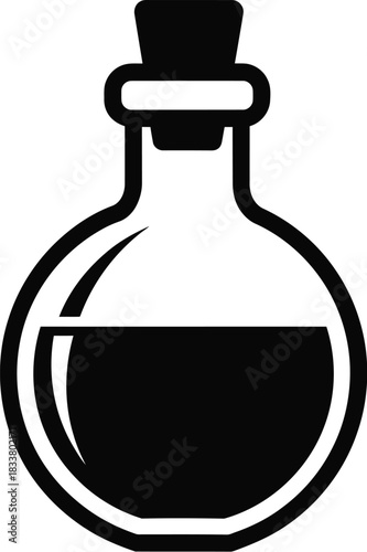 Simple black and white illustration of a rounded bottle with a cork
