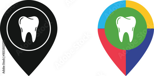 Dental location icons black and colorful map pin with a tooth symbol