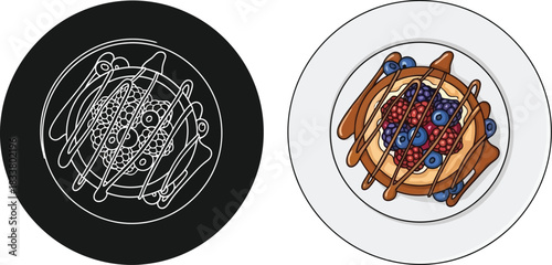 Pancakes with berries a colorful presentation alongside a monochrome sketch