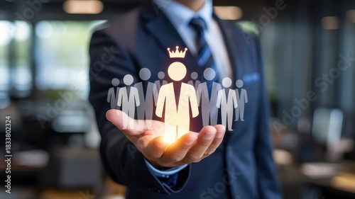 Businessman presents glowing icon representing leadership and team management above his open palm
