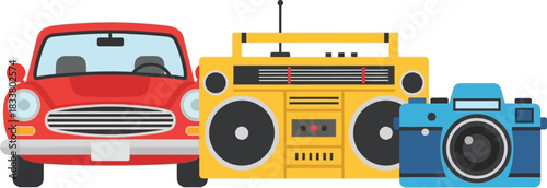 Retro red car vintage boombox and classic blue camera collection still life composition isolated on white isolated on white background