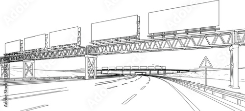 Highway Overpass Vector Outline Drawing with Multiple Blank Billboards for Advertising, Perspective View of Modern Infrastructure and Transportation System Line Art Illustration
