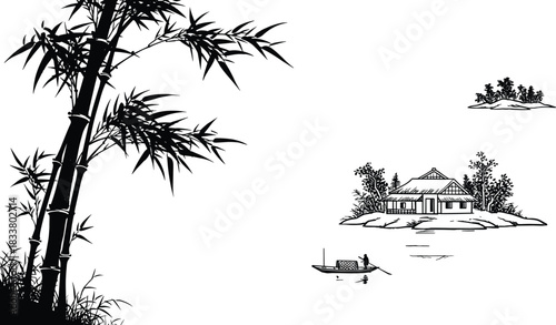 Traditional East Asian Landscape Vector Illustration Set with Bamboo Forest, Riverside House, Pagoda Silhouette, and Red Plum or Cherry Blossom Elements for Design