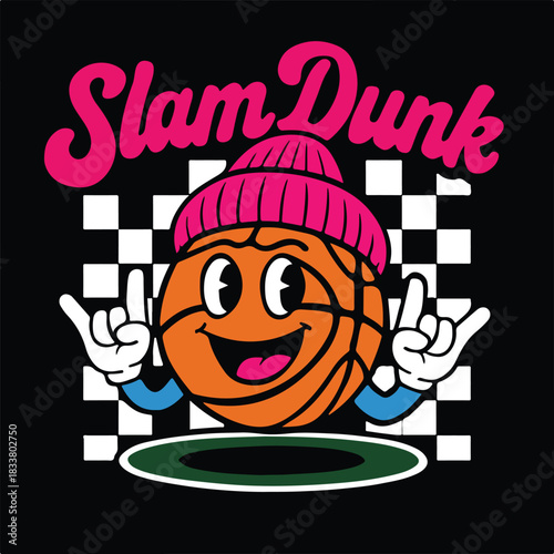 Slam Dunk Basketball Character – Cartoon Sports Design with Beanie and Rock On Gesture